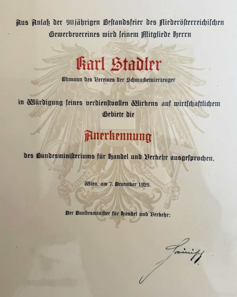 Anerkennung des Bundesministeriums für Handel und Verkehr für Karl Stadler, 1937