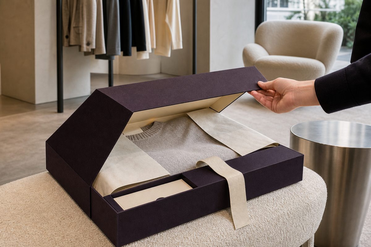 Produktbox wird in einer Boutique geöffnet: Kleidungsstück auf Seidenpapier, Kleiderstange im Hintergrund