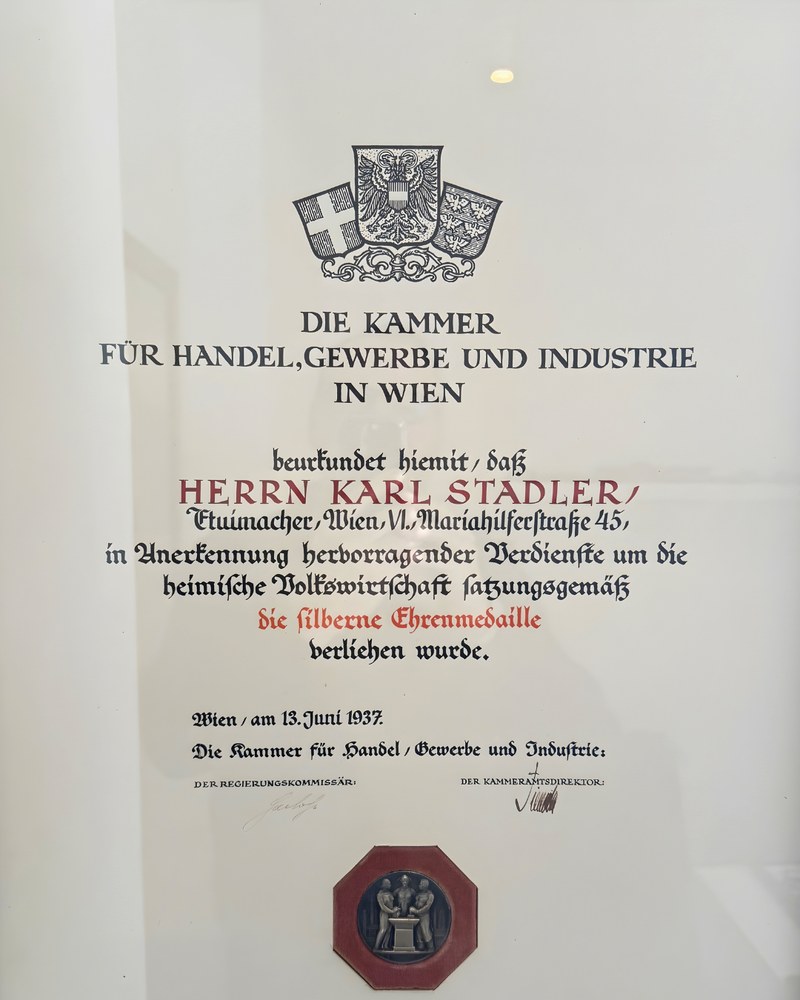 Diplom der Kammer für Handel, Gewerbe und Industrie in Wien – Auszeichnung für Karl Stadler, 1929