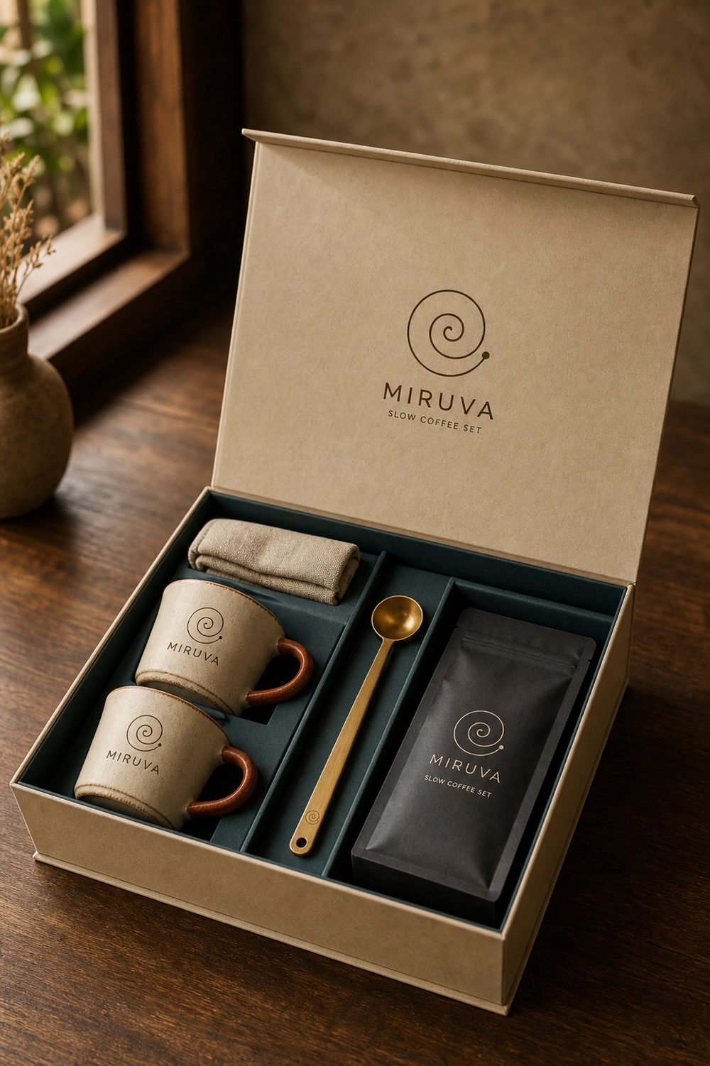 Feinkost-Geschenkset mit Kaffee, zwei Tassen und Löffel in einer Präsentbox mit Inlay – Firmengeschenk zu Weihnachten von Stadler Verpackung