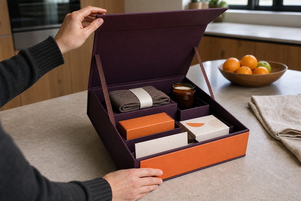 Setbox in Aubergine und Orange mit gestanzter Einlage für Textil, Kerze und zwei Schachteln