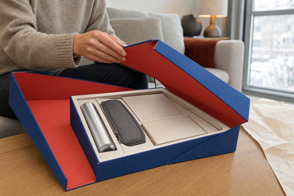 Person öffnet zu Hause ein versendetes Firmenpräsent in einer blau-roten Box mit Einlage