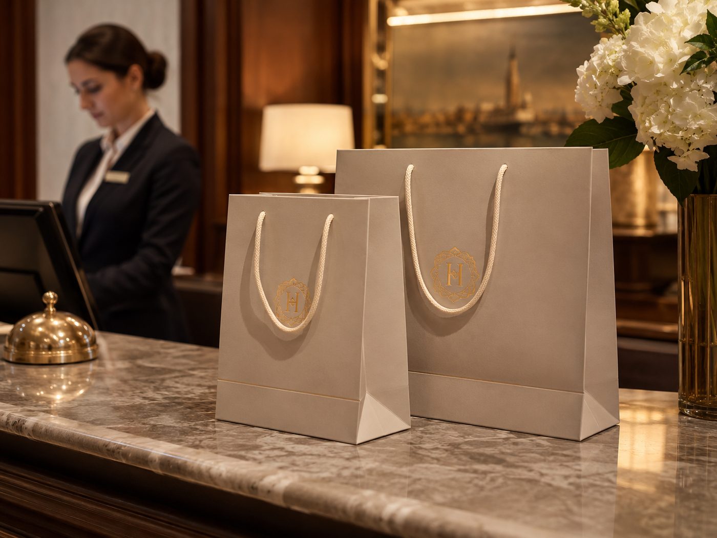 Zwei Papiertragetaschen mit Baumwollkordel und Goldpr&auml;gung auf dem Rezeptionspult eines Hotels