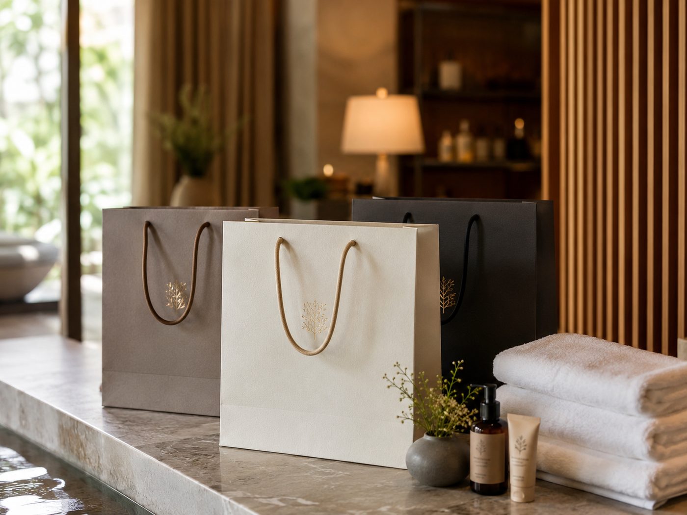 Drei Hoteltragetaschen in Creme, Taupe und Schwarz mit gleicher Machart und Blindpr&auml;gung im Spa-Bereich