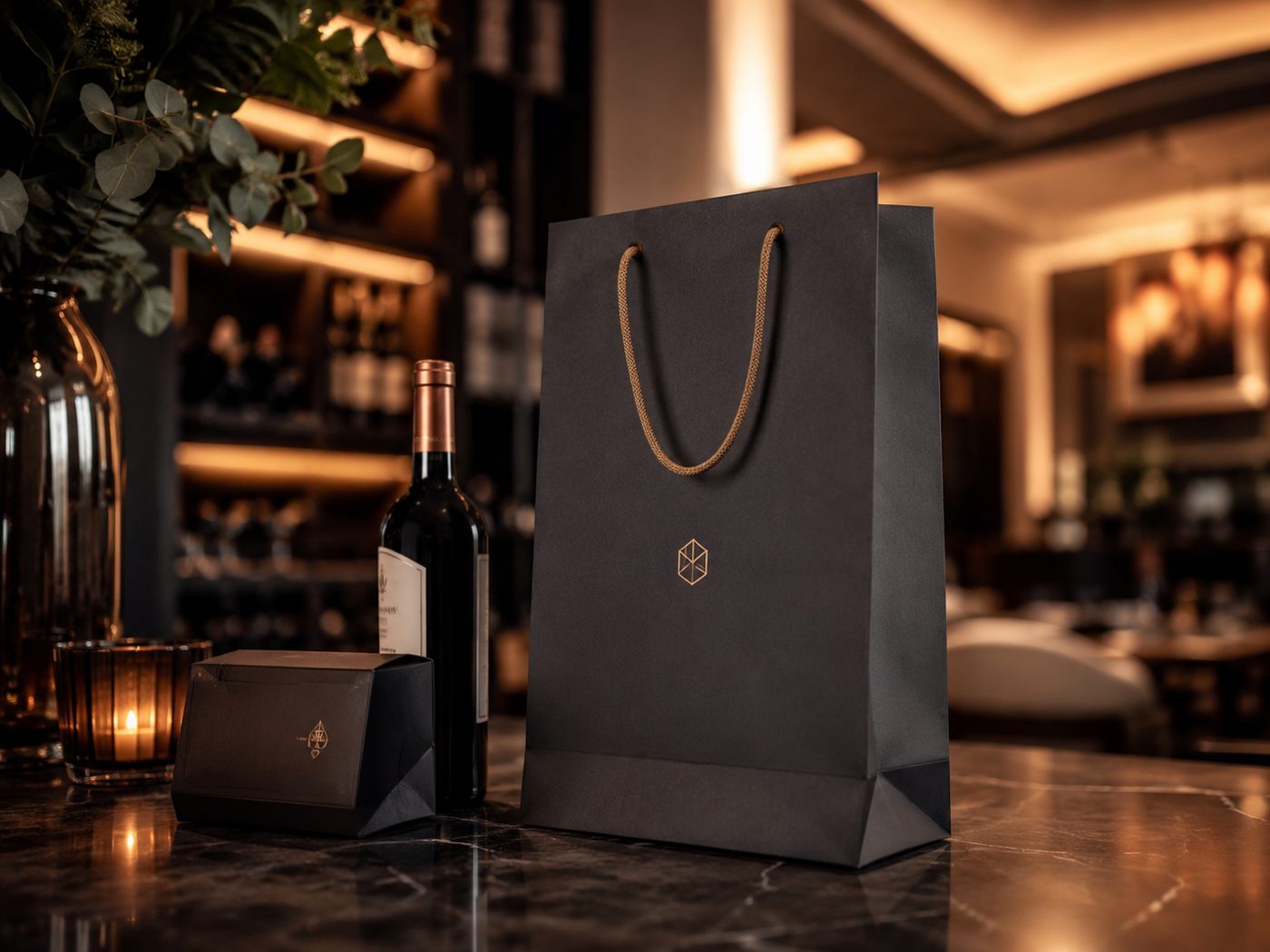 Hohe Flaschentragetasche mit Kordel und Pr&auml;sentbox in der Vinothek eines Hotels
