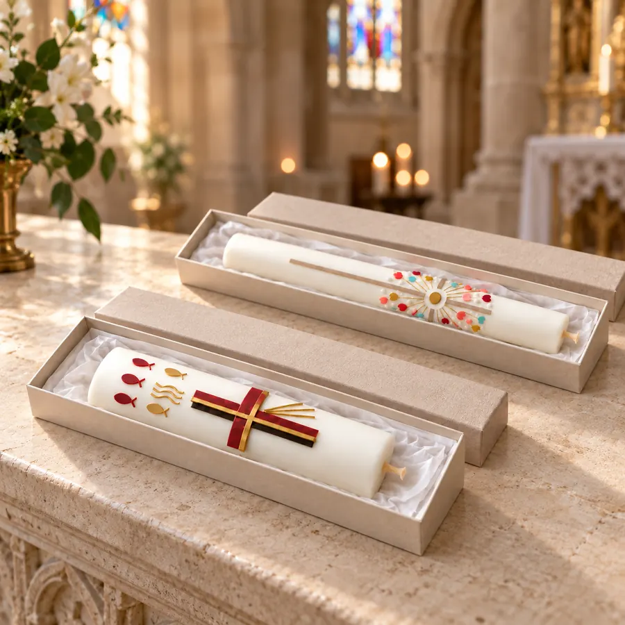 Zwei schlanke Schachteln mit verzierten Tauf- und Firmkerzen auf weißem Seidenpapier, abgestellt auf einer steinernen Ablage in einer Kirche