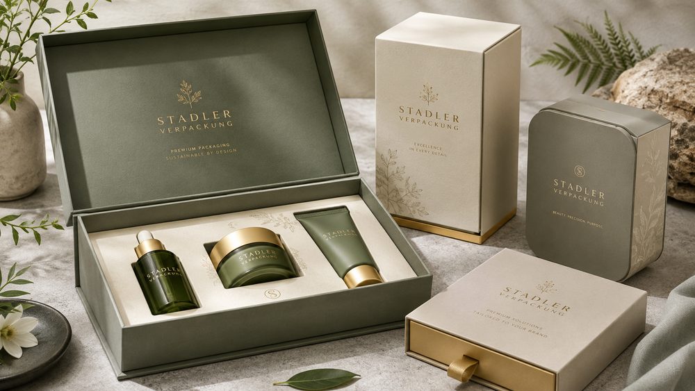 Verpackungen für Naturkosmetik in Grün und Naturton: Setbox mit Serum, Tiegel und Tube, daneben Faltschachtel und Schuber