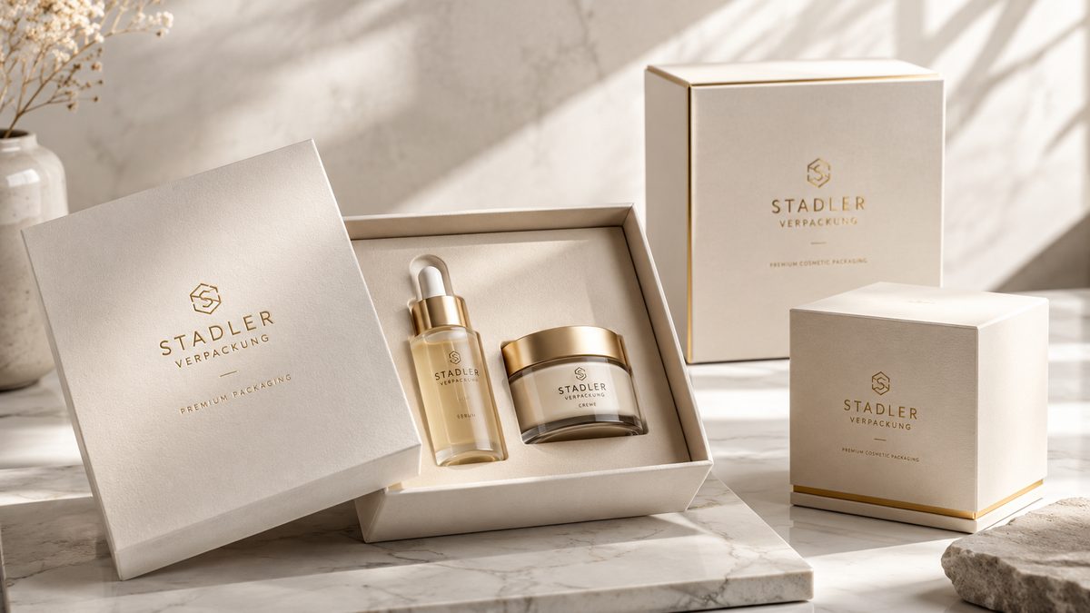Kosmetikverpackung von Stadler Verpackung: geöffnete Setbox mit Serumflasche und Cremetiegel, daneben Faltschachteln mit Goldprägung