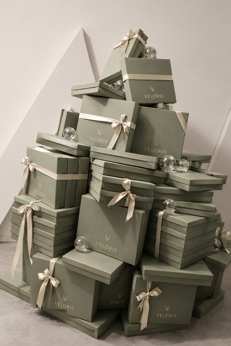 Kundengeschenke in Serie: gestapelte grüne Geschenkboxen mit Logo-Prägung und Schleifen