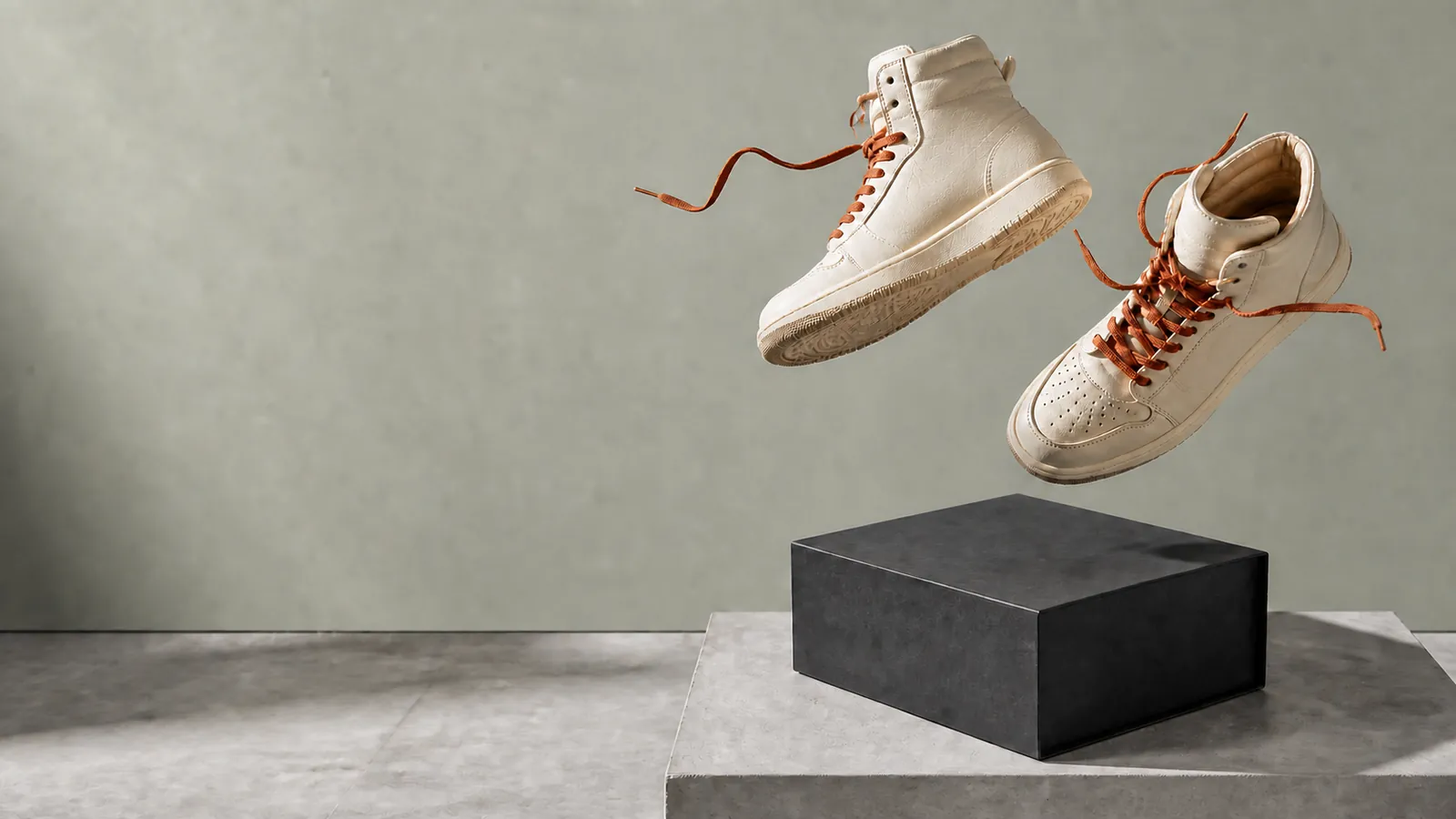 Cremefarbene Ledersneaker über einer geschlossenen schwarzen Magnetbox vor salbeigrüner Wand