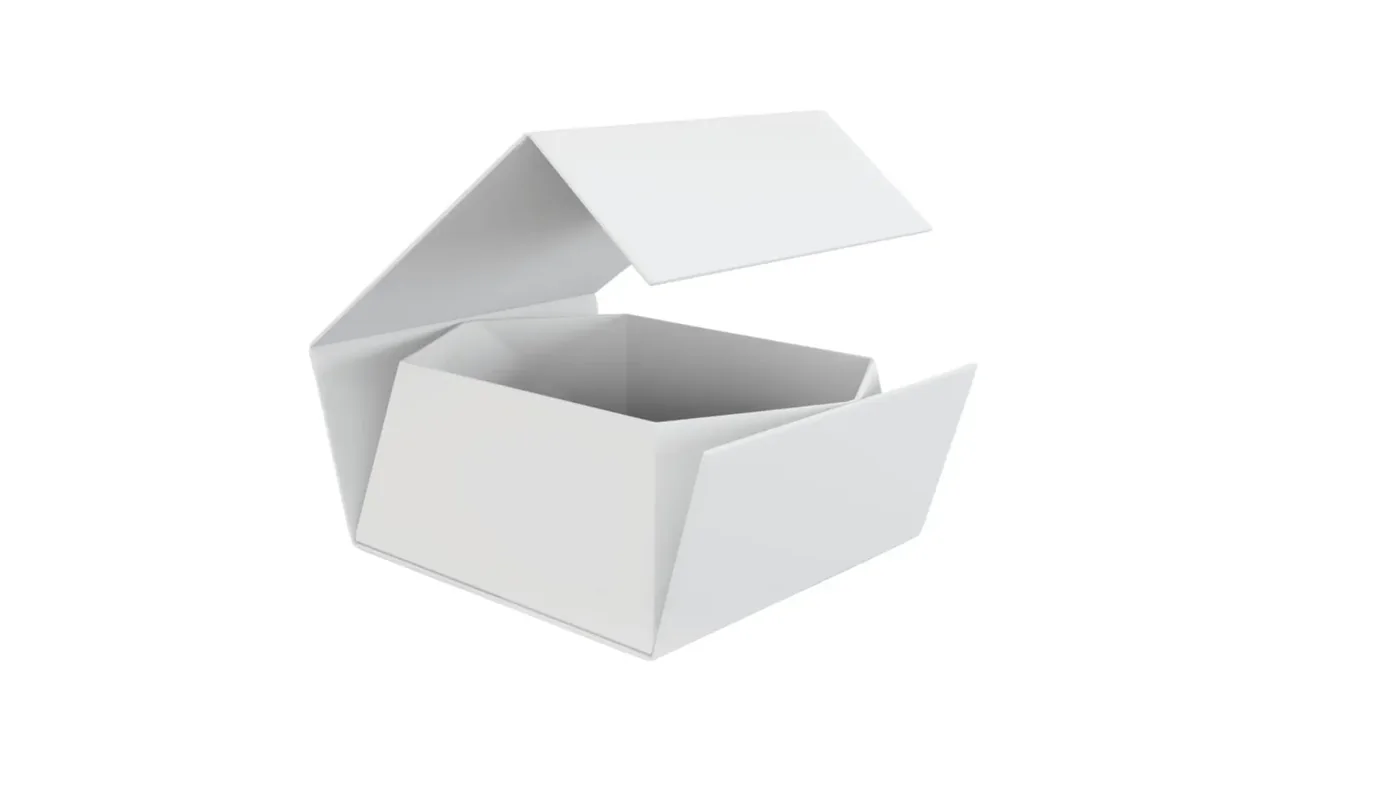 Weiße Magnetbox mit aufgeklapptem Deckel und heruntergeklapptem Frontsteg