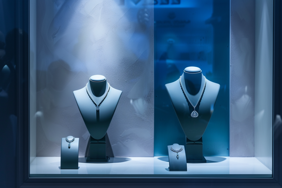 Materialien wie Samt und Acryl für die Schmuckpräsentation