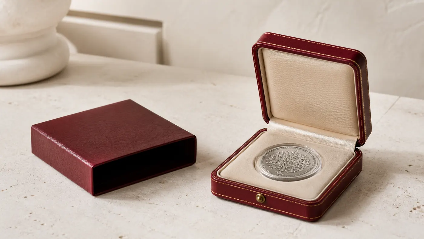 Geöffnetes Medaillenetui in Bordeaux mit silberner Medaille, daneben der abgenommene Deckel