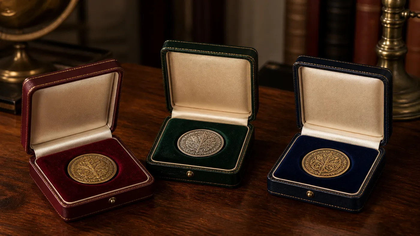 Drei geöffnete Medaillenetuis in Bordeaux, Grün und Dunkelblau mit je einer Medaille