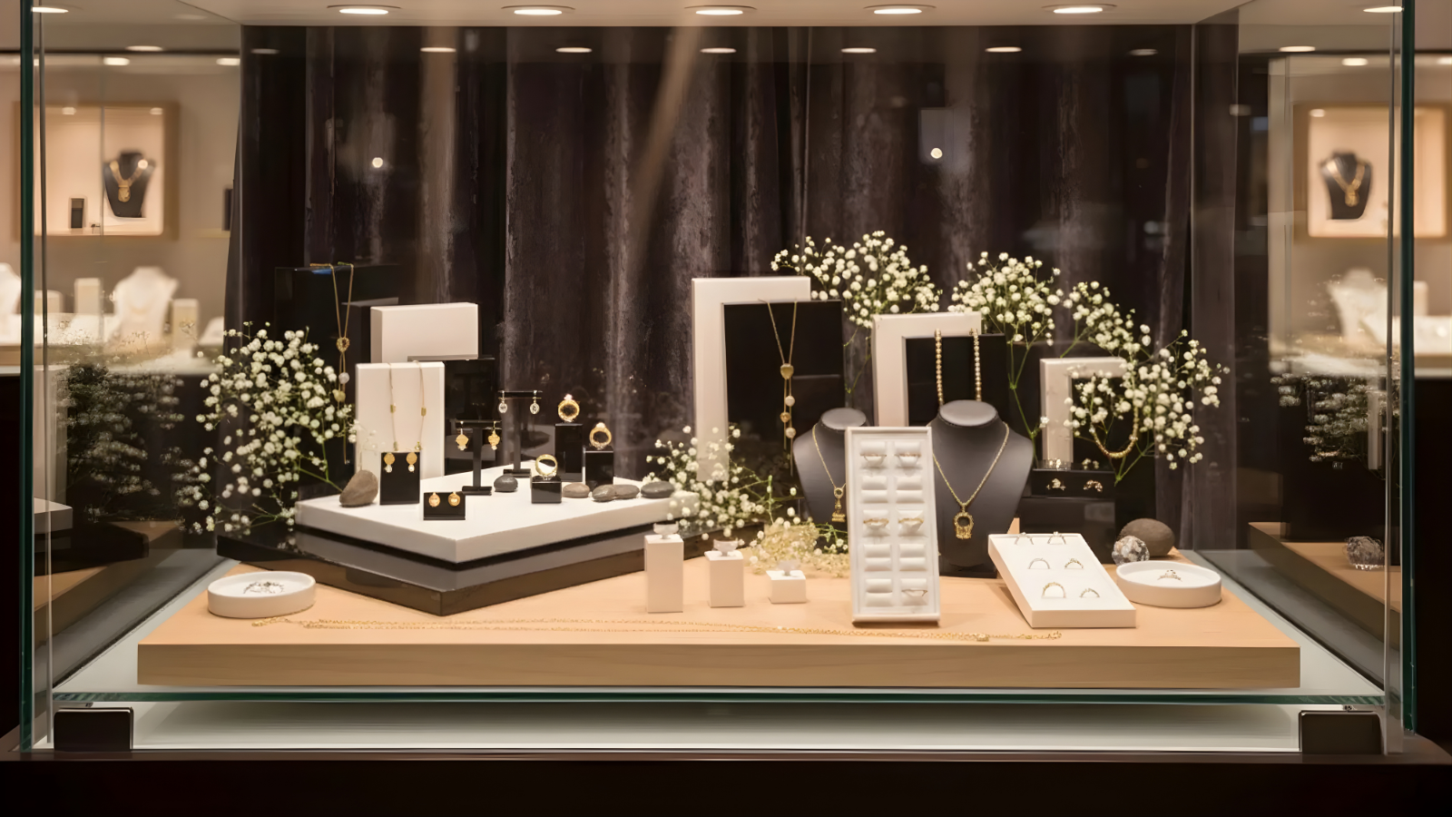 Moderne Juwelierauslage mit Schmuckständern, Büsten und Displays