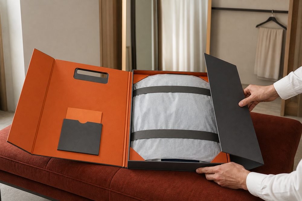 Geöffnete Versandbox für Mode mit Halterungen, Kartenfach und Kleidungsstück in Seidenpapier