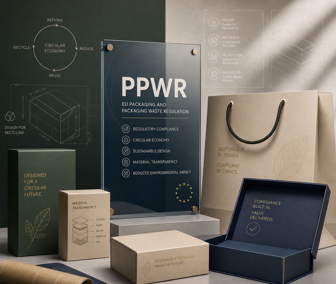 Verpackungsmuster aus Karton, Papier und Feinpapier neben einer Tafel mit dem Schriftzug PPWR &ndash; EU Packaging and Packaging Waste Regulation