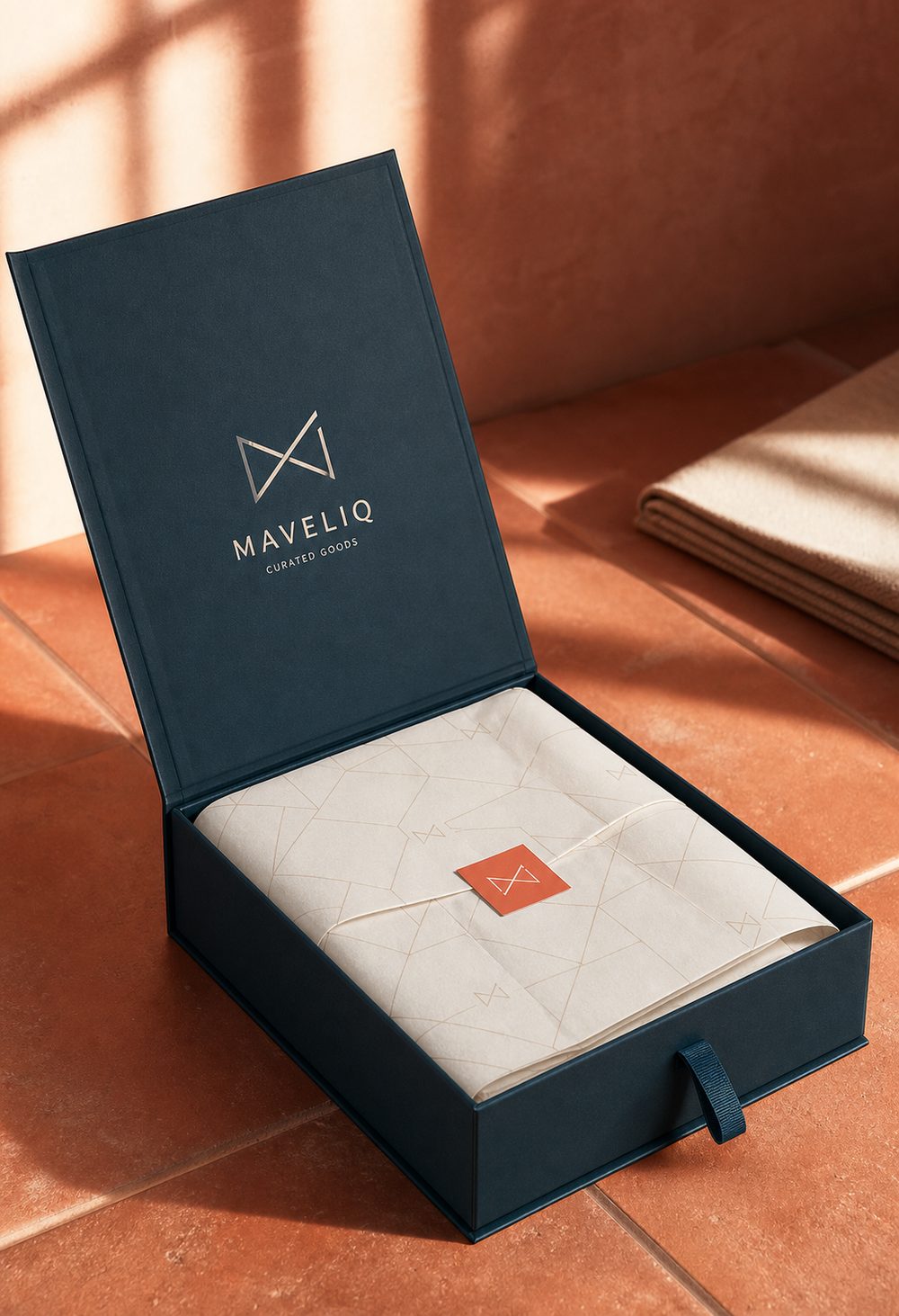 Dunkelblaue Präsentbox mit Magnetverschluss, Seidenpapier und Logosiegel – hochwertiges Firmengeschenk mit Logo von Stadler Verpackung