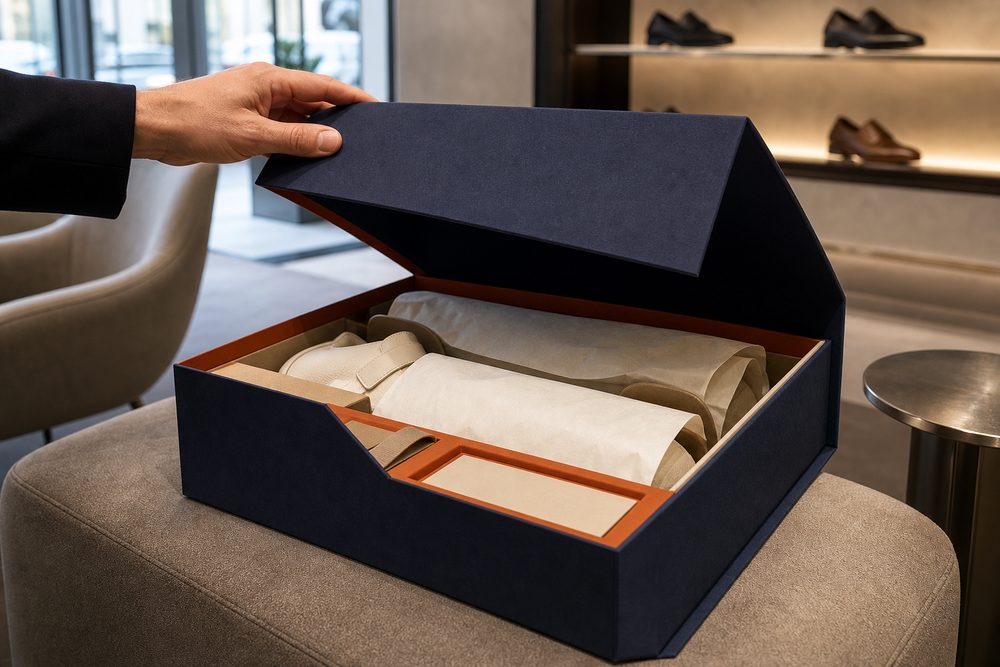 Hochwertige Klappschachtel für Schuhe im Fachhandel, im Hintergrund beleuchtete Schuhregale