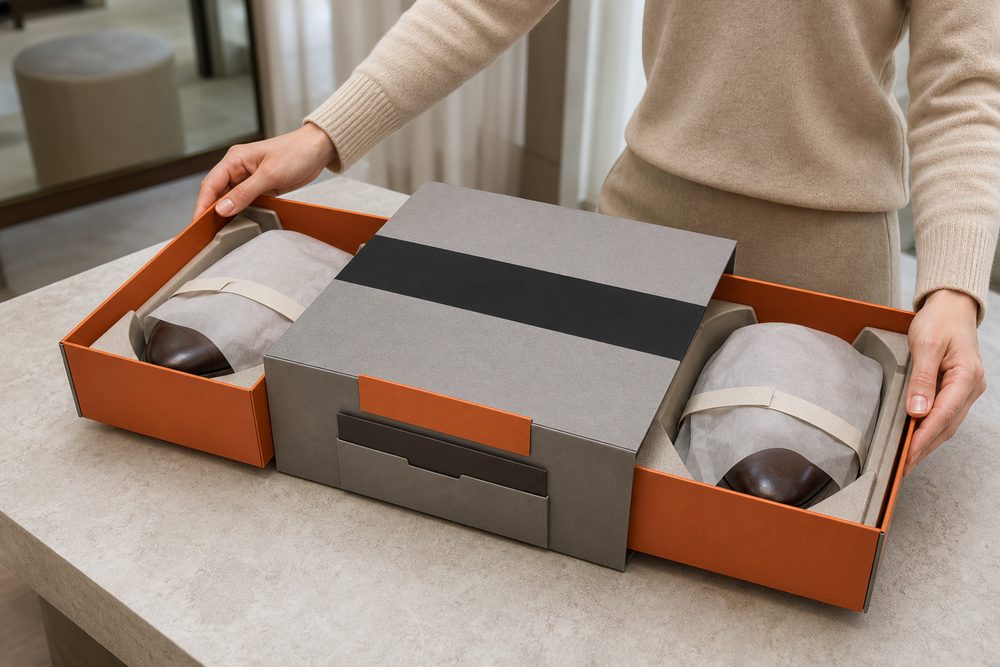 Geöffneter Schuhkarton mit Schuhen in Seidenpapier und herausnehmbarem Einleger