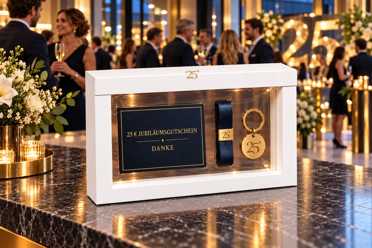 Weißer Schweberahmen auf einem Marmortresen bei einer Jubiläumsfeier, mit „25“ in Gold auf der Lasche, darin eine dunkelblaue Karte „25 € Jubiläumsgutschein – Danke“, ein Stoffband mit „25“ und ein goldener Schlüsselanhänger mit „25“ (Beispiel)
