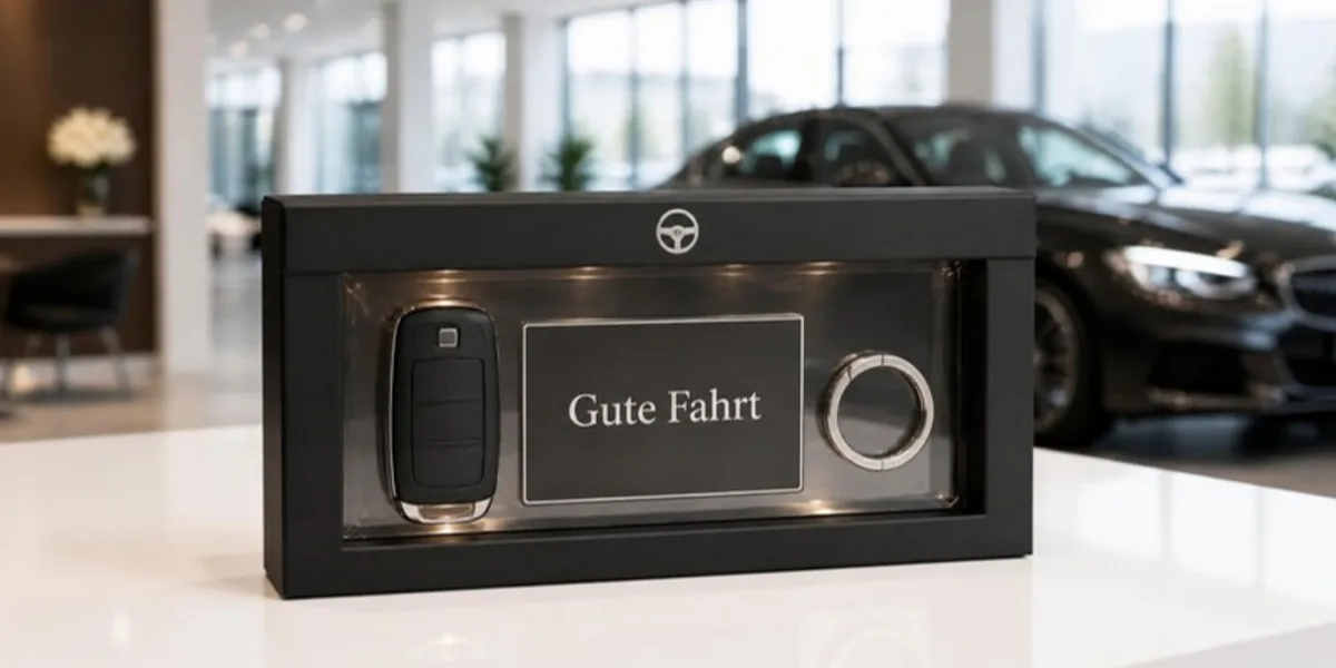 Schwarzer Schweberahmen mit Lenkrad-Zeichen in Silber auf der Lasche, auf einem weißen Übergabetisch in einem hellen Autohaus, darin ein schwarzer Autoschlüssel ohne Markenzeichen, eine Karte „Gute Fahrt“ und ein Schlüsselring; im Hintergrund ein dunkles Auto im Schauraum (Beispiel)
