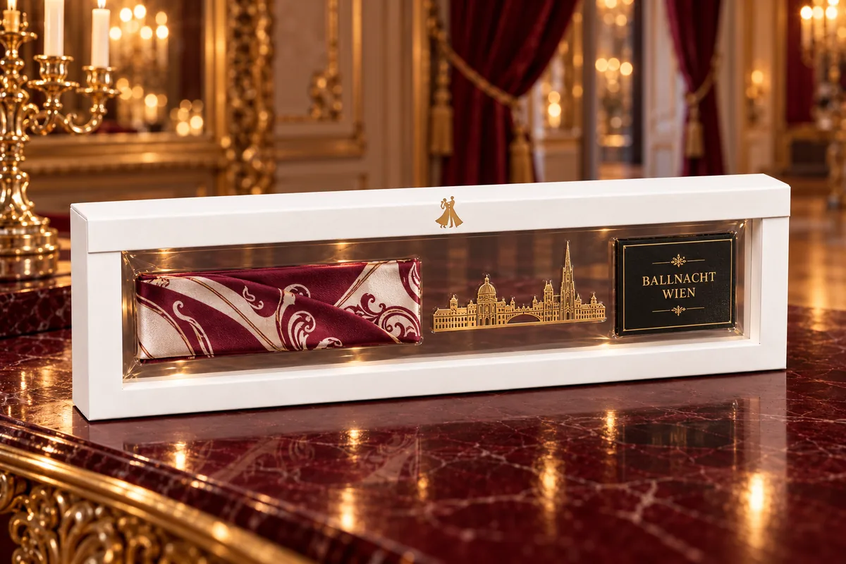 Weißer Schweberahmen im Langformat auf rotem Marmor in einem Ballsaal, mit tanzendem Paar als Goldprägung auf der Lasche, darin ein gefaltetes Seidentuch in Bordeaux und Creme, eine goldene Wien-Silhouette und eine schwarze Karte „Ballnacht Wien“ (Beispiel)