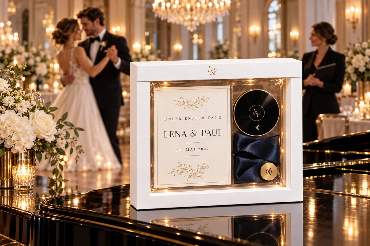 Weißer Schweberahmen mit Monogramm „L&P“ auf der Lasche, auf einem Flügel, darin eine Karte „Unser erster Tanz – Lena & Paul – 21. Mai 2027“, eine kleine Schallplatte mit Monogramm und NFC-Zeichen und ein dunkelblaues Satinband mit NFC-Anhänger; im Hintergrund tanzt ein Brautpaar (Beispiel)