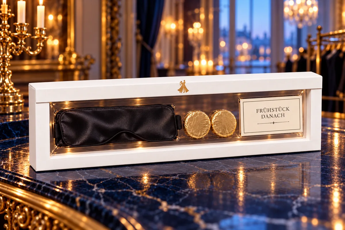 Weißer Schweberahmen im Langformat auf dunklem Marmor in einem Ballsaal, mit tanzendem Paar auf der Lasche, darin eine schwarze Schlafmaske aus Satin, zwei in Goldfolie verpackte Schokoladetaler und eine Karte „Frühstück danach“ (Beispiel)