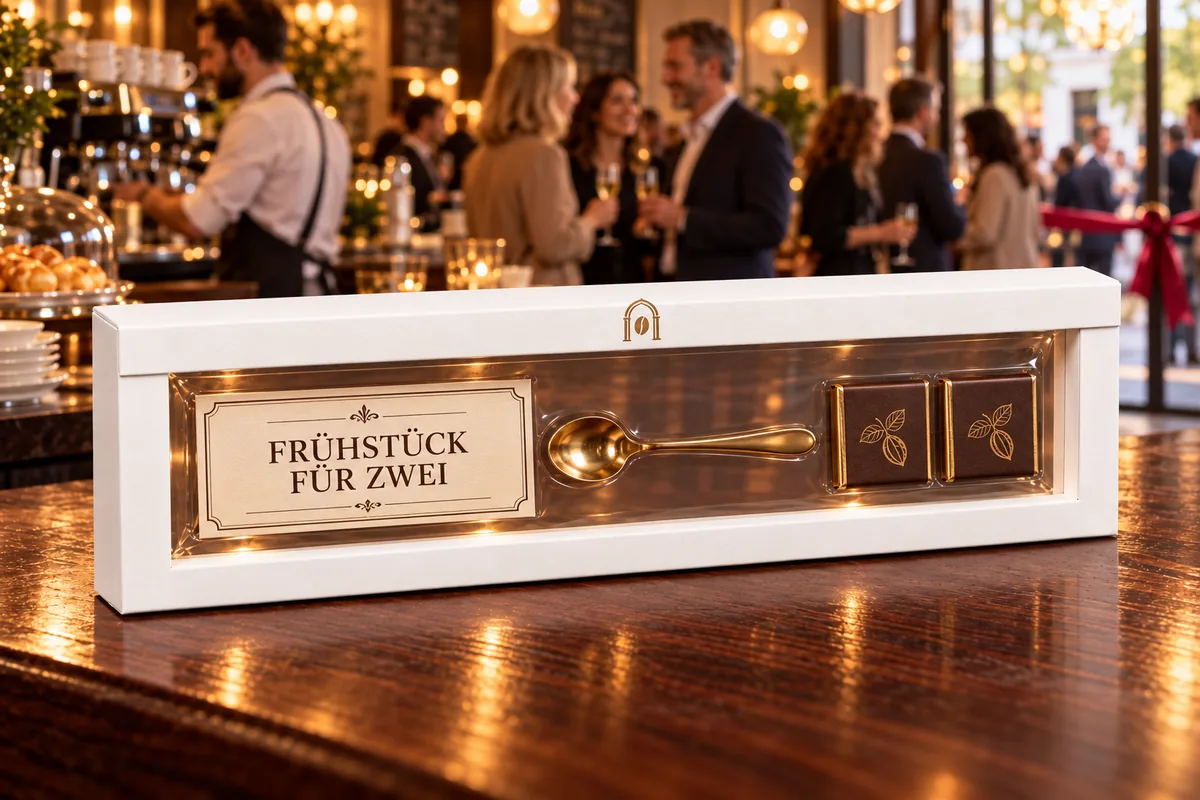 Weißer Schweberahmen im Langformat auf einer Kaffeehaus-Theke bei einer Eröffnungsfeier, mit goldenem Kaffeehaus-Zeichen auf der Lasche, darin eine Karte „Frühstück für zwei“, ein goldener Löffel und zwei Schokoladetäfelchen; im Hintergrund Gäste und ein rotes Band (Beispiel)