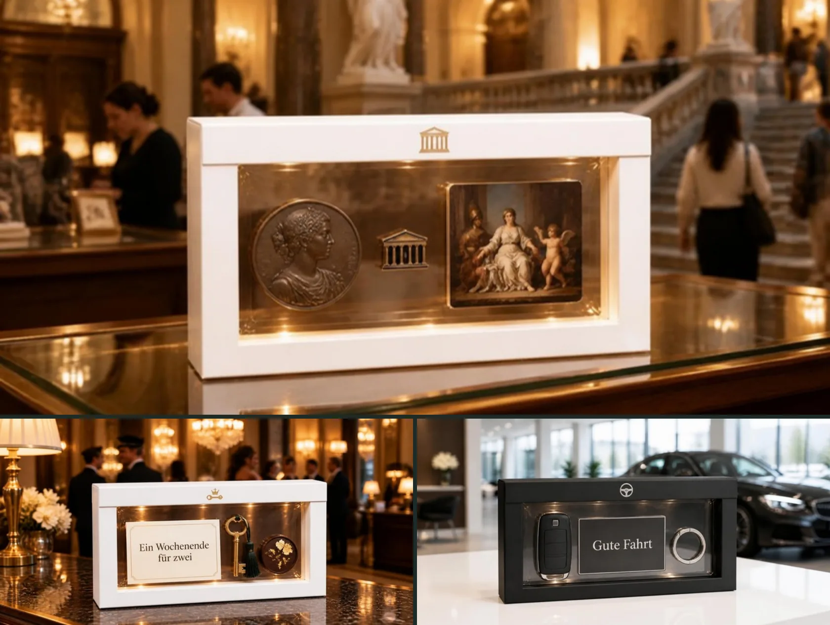 Drei Schweberahmen als Beispiele: oben weiß mit Säulenfassade auf der Lasche in einem Museumsshop, darin Bronzemedaille, Abzeichen und Kunstkarte; unten links weiß an einer Hotelrezeption mit Karte „Ein Wochenende für zwei“, Zimmerschlüssel und Praline; unten rechts schwarz in einem Autohaus mit Autoschlüssel, Karte „Gute Fahrt“ und Schlüsselring (Beispiele)