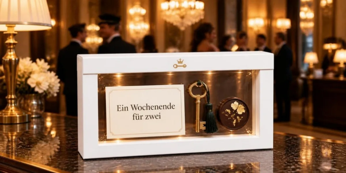 Weißer Schweberahmen mit Krone und Schlüssel in Gold auf der Lasche, auf der Marmortheke einer Hotelrezeption, darin eine cremefarbene Karte „Ein Wochenende für zwei“, ein Zimmerschlüssel aus Messing mit grüner Quaste und eine Praline; im Hintergrund Lobby mit Lustern und Gästen (Beispiel)