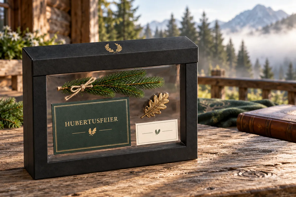 Schwarzer Schweberahmen mit Lorbeerzweigen in Gold auf der Lasche, auf einem Holztisch vor einer Berghütte, darin ein Fichtenzweig mit Schnur, eine grüne Karte „Hubertusfeier“, eine goldene Eichenblatt-Anstecknadel und eine kleine Namenskarte (Beispiel)