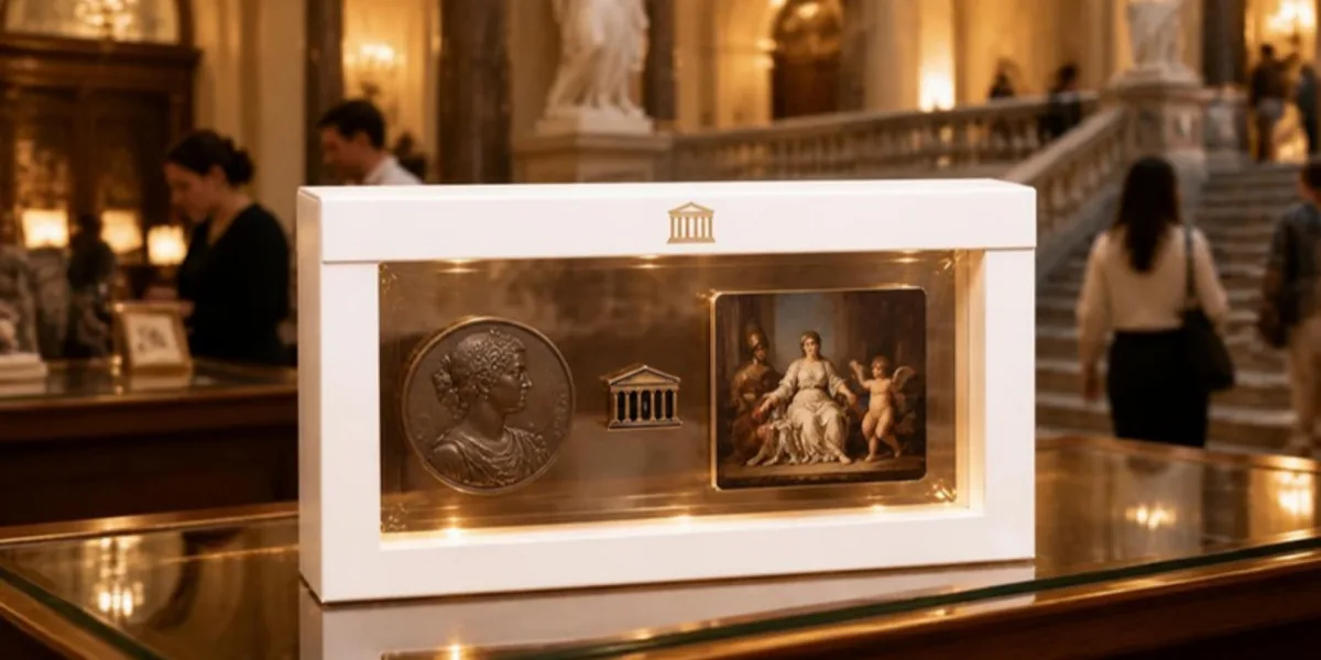 Weißer Schweberahmen mit Säulenfassade in Gold auf der Lasche, auf einer Glasvitrine im Shop eines historischen Museums, darin eine Bronzemedaille mit Reliefporträt, ein kleines Abzeichen mit Tempelfassade und eine Kunstkarte mit einem klassischen Gemälde; im Hintergrund Marmortreppe, Statuen und Besucher (Beispiel)