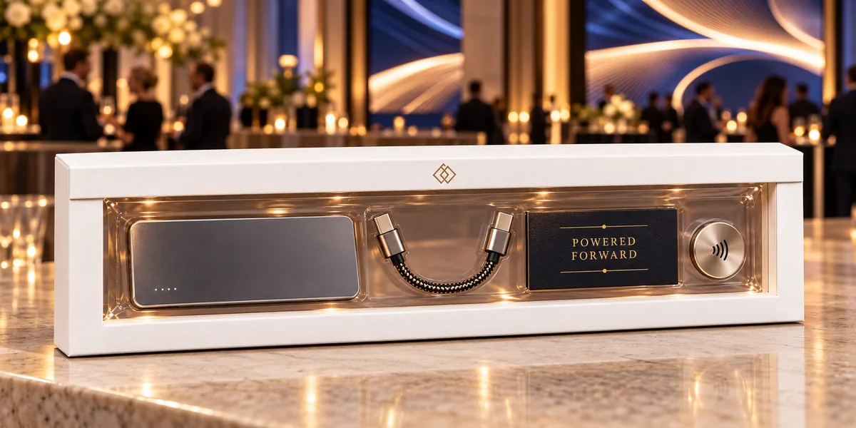 Weißer Schweberahmen im Langformat auf einem Marmortresen bei einer Abendgala, mit goldenem Rautenzeichen auf der Lasche, darin eine Powerbank, ein geflochtenes USB-C-Kabel, eine dunkelblaue Karte „Powered Forward“ und ein runder NFC-Anhänger (Beispiel)