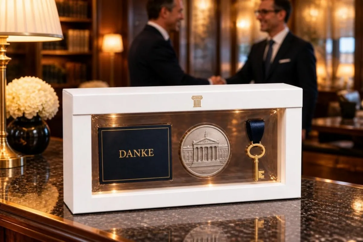 Weißer Schweberahmen mit goldenem Säulenzeichen auf der Lasche, auf einem dunklen Marmortisch in einer Private-Banking-Lounge, darin eine dunkelblaue Karte „Danke“, eine silberne Gedenkmünze mit Säulengebäude und ein goldener Schlüssel an einem dunkelblauen Band; im Hintergrund reichen sich zwei Männer im Anzug die Hand (Beispiel)
