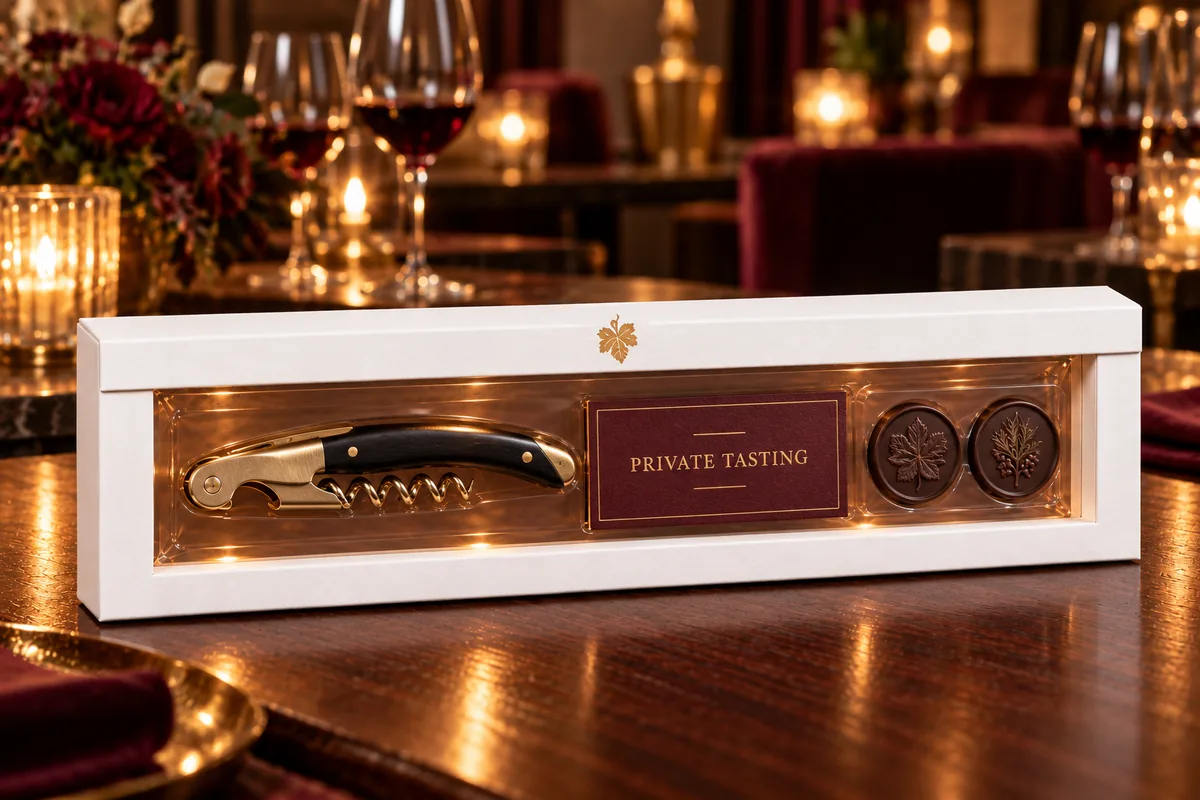 Weißer Schweberahmen im Langformat auf einem Restauranttisch bei Kerzenlicht, mit Weinblatt in Gold auf der Lasche, darin ein Kellnermesser mit Holzgriff, eine bordeauxrote Karte „Private Tasting“ und zwei Schokoladetaler mit Blattprägung (Beispiel)