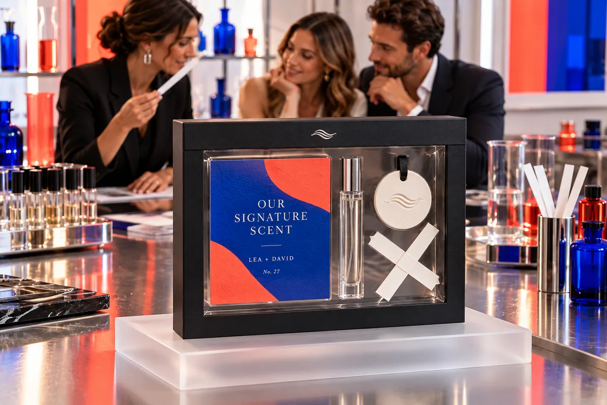 Schwarzer Schweberahmen mit Wellenzeichen auf der Lasche in einer Parfümwerkstatt, darin eine blau-orange Karte „Our Signature Scent – Lea + David – No. 27“, ein Probeflakon, ein Duftstein mit Wellenzeichen und zwei gekreuzte Duftstreifen (Beispiel)