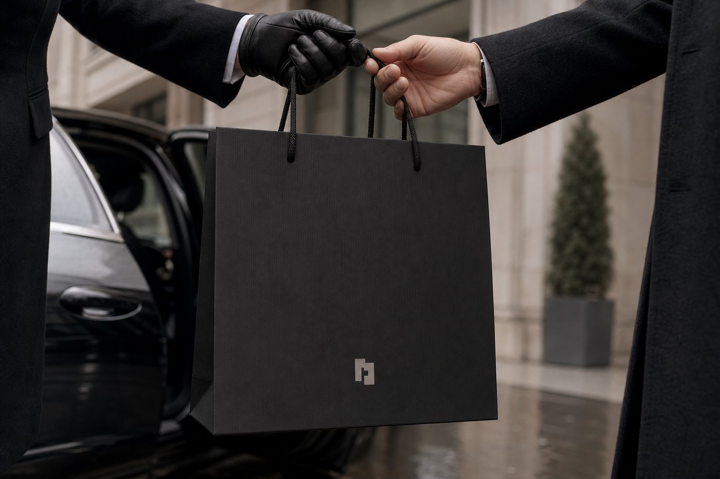 Schwarze Papiertragetasche mit Kordelgriff wird von Hand zu Hand übergeben