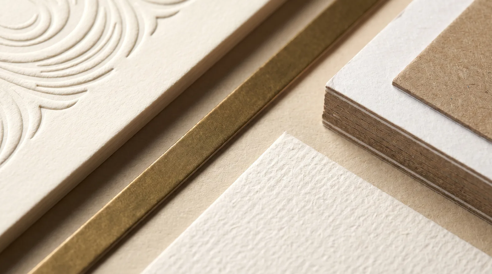 Nahaufnahme von Kartonoberfl&auml;chen: gepr&auml;gtes Feinpapier, ein Streifen Goldfolie, Strukturpapier und die sichtbare Schichtkante eines kaschierten Kartons
