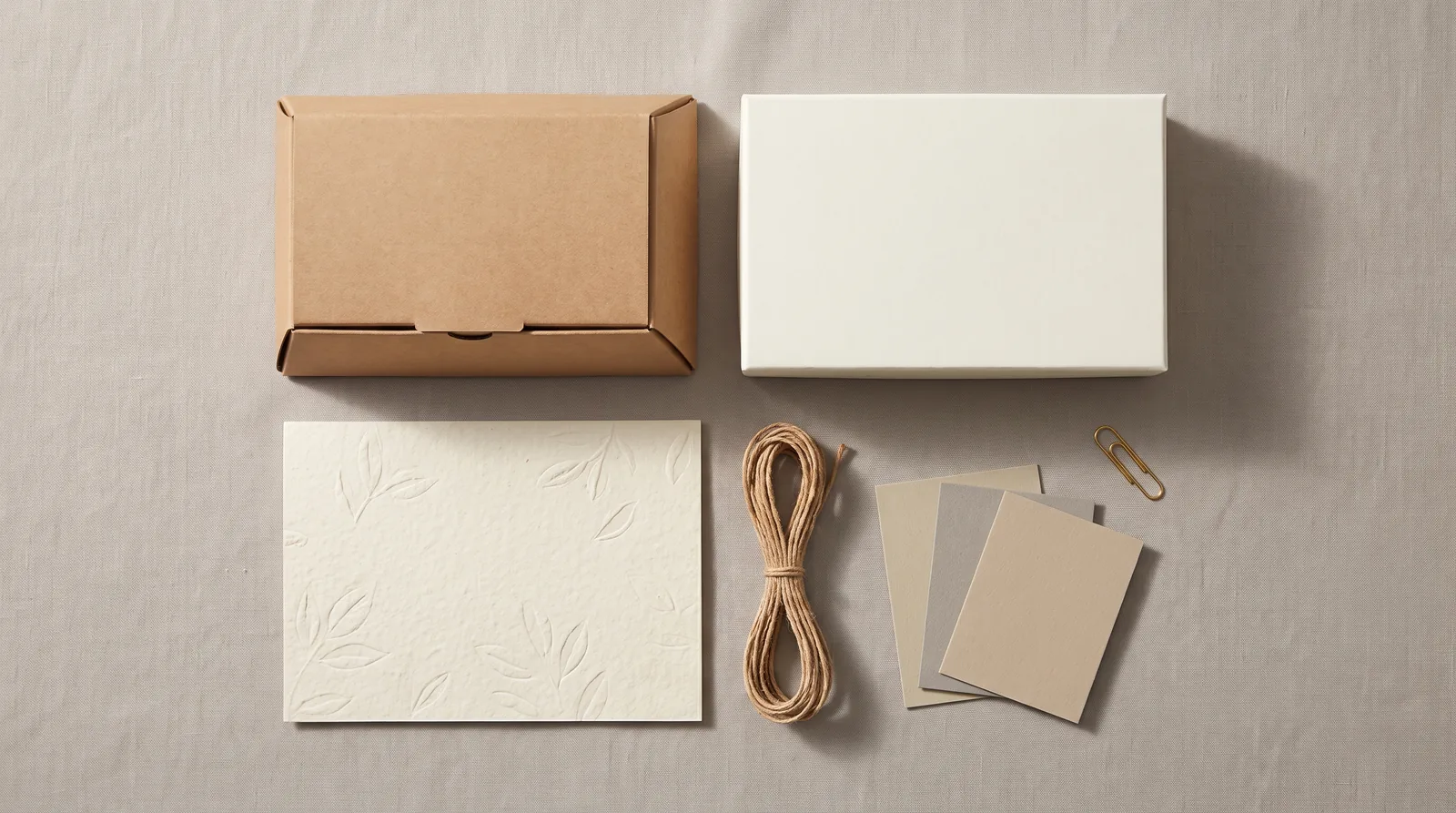Verschiedene unbedruckte Verpackungsmuster aus Karton, Feinpapier und Papierkordel, von oben fotografiert