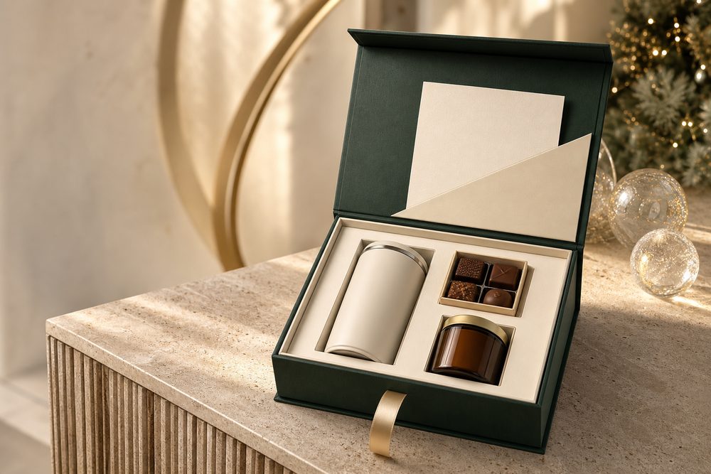 Dunkelgrüne Klappbox mit passgenauer Einlage für Dose, Pralinen und Glas als Firmenweihnachtsgeschenk