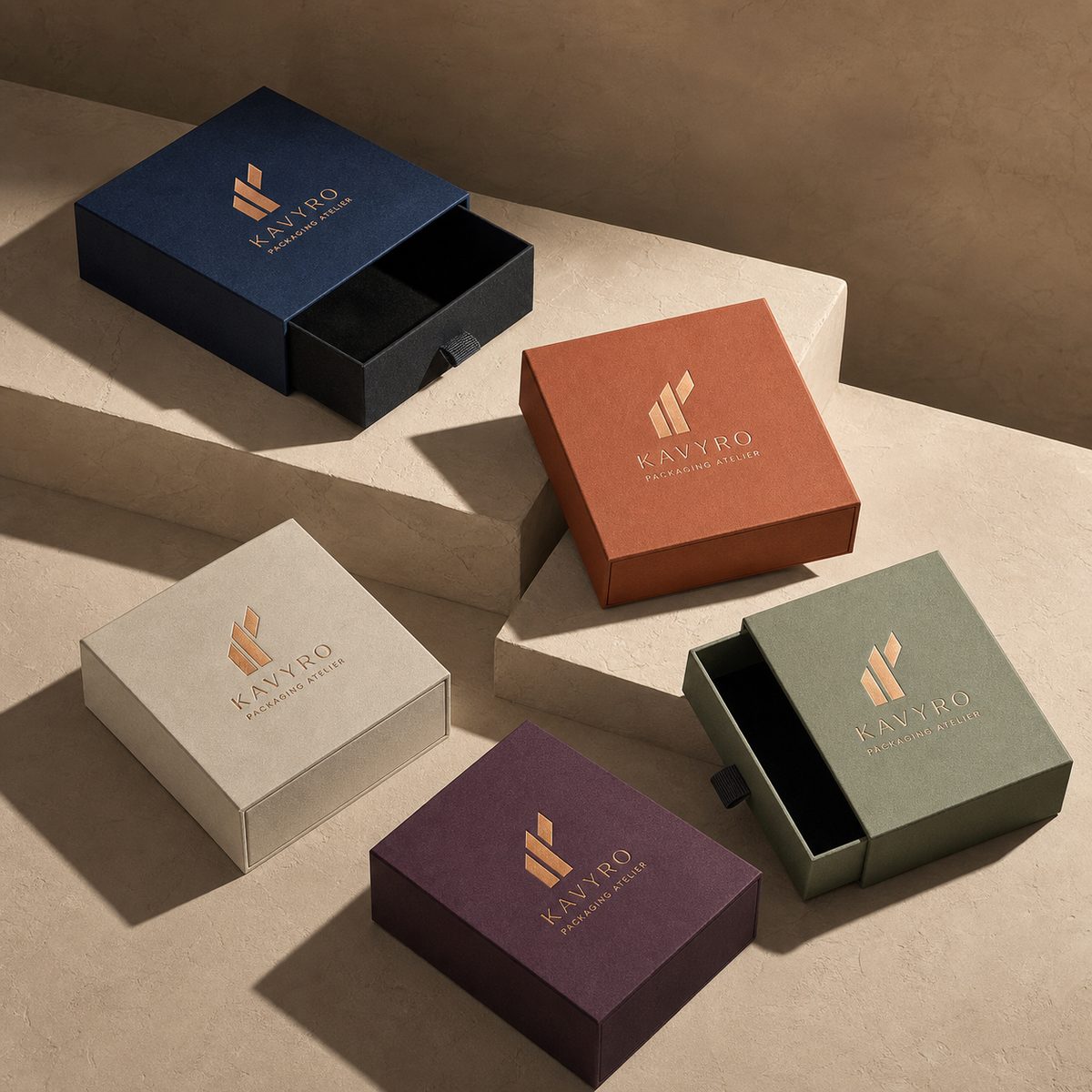 Fünf hochwertige Geschenkboxen mit Schublade und goldener Logoprägung in verschiedenen Farben – Weihnachtsverpackung mit Logo für Firmen von Stadler Verpackung