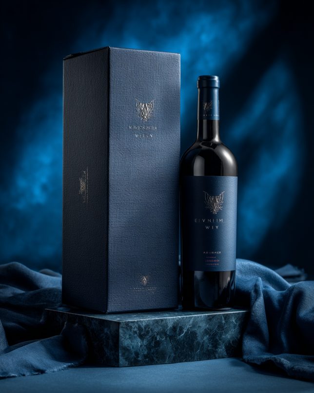 Weinpräsent als Firmengeschenk: dunkelblaue Geschenkbox mit Prägung neben edler Weinflasche