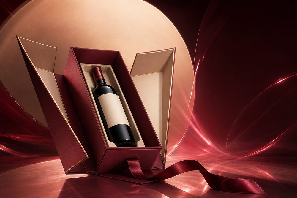 Einzelflaschen-Klappbox für Wein mit aufklappbarem Deckel und Satinband