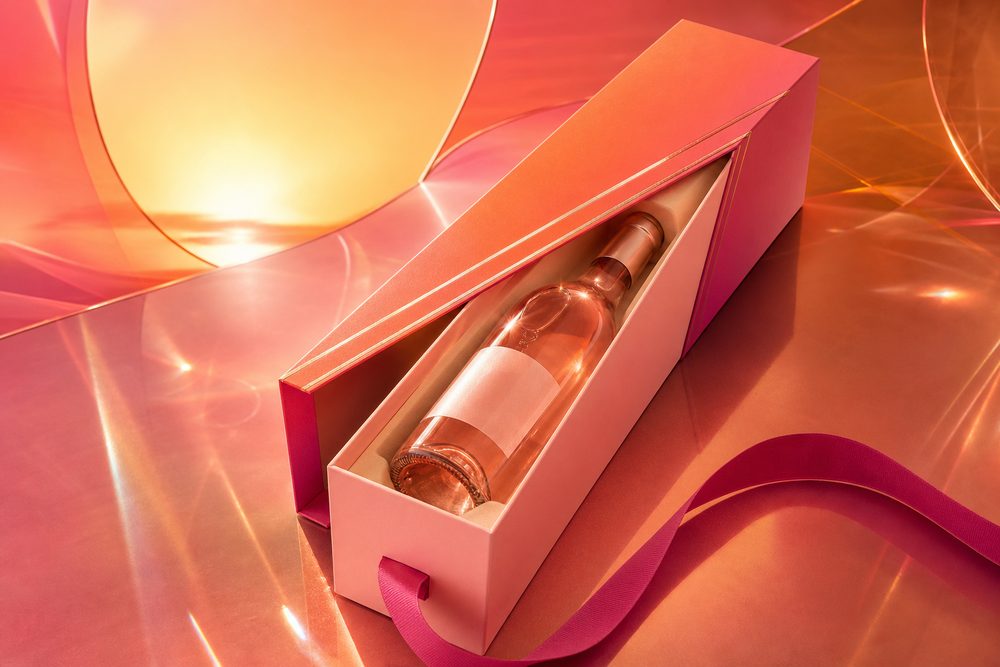 Schuberverpackung in Rosé mit Roséweinflasche